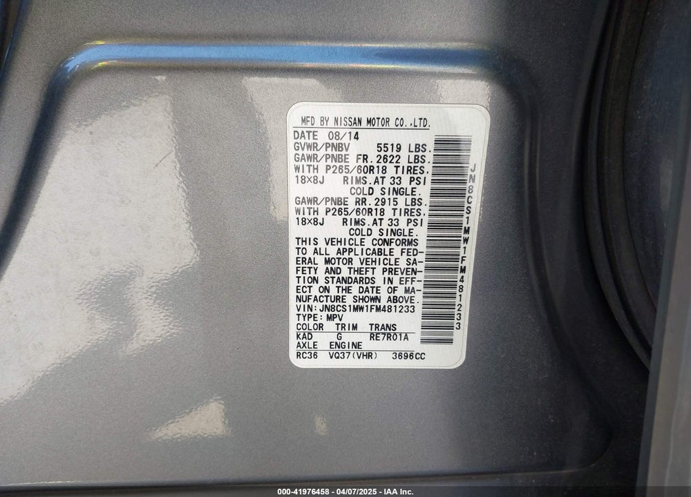 2015 INFINITI QX70 VIN: JN8CS1MW1FM481233