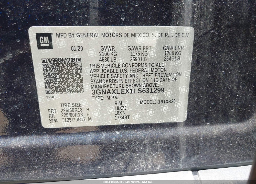 2020 CHEVROLET EQUINOX FWD LT 2.0L TURBO VIN: 3GNAXLEX1LS631299