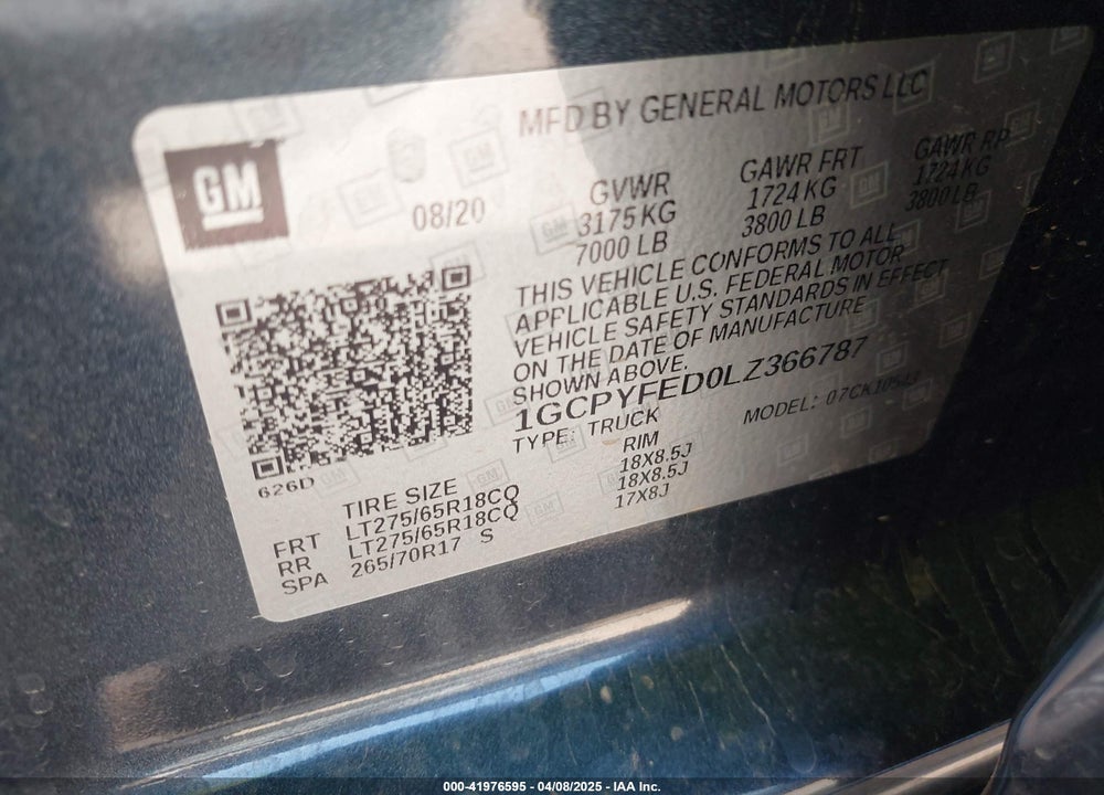 2020 CHEVROLET SILVERADO 1500 4WD SHORT BED LT TRAIL BOSS VIN: 1GCPYFED0LZ366787