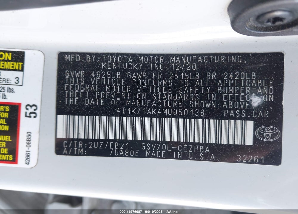 2021 TOYOTA CAMRY TRD VIN: 4T1KZ1AK4MU050138