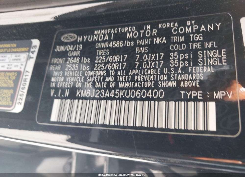 2019 HYUNDAI TUCSON SE VIN: KM8J23A45KU060400