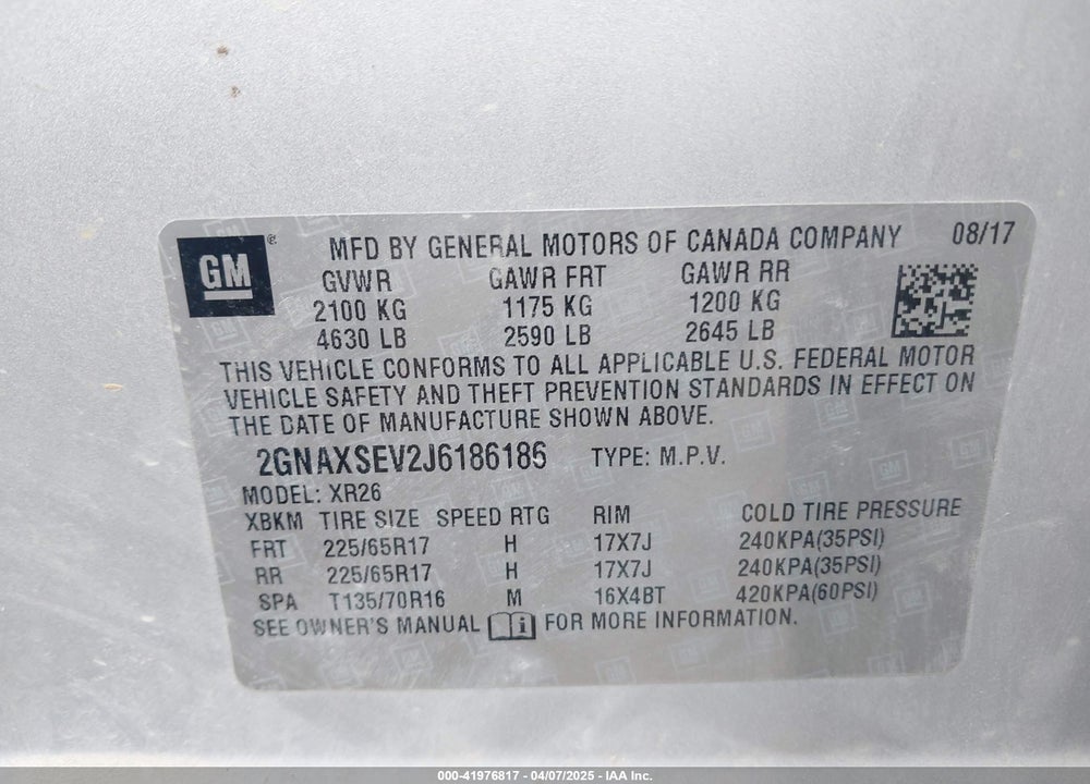 2018 CHEVROLET EQUINOX VIN: 2GNAXSEV2J6186186