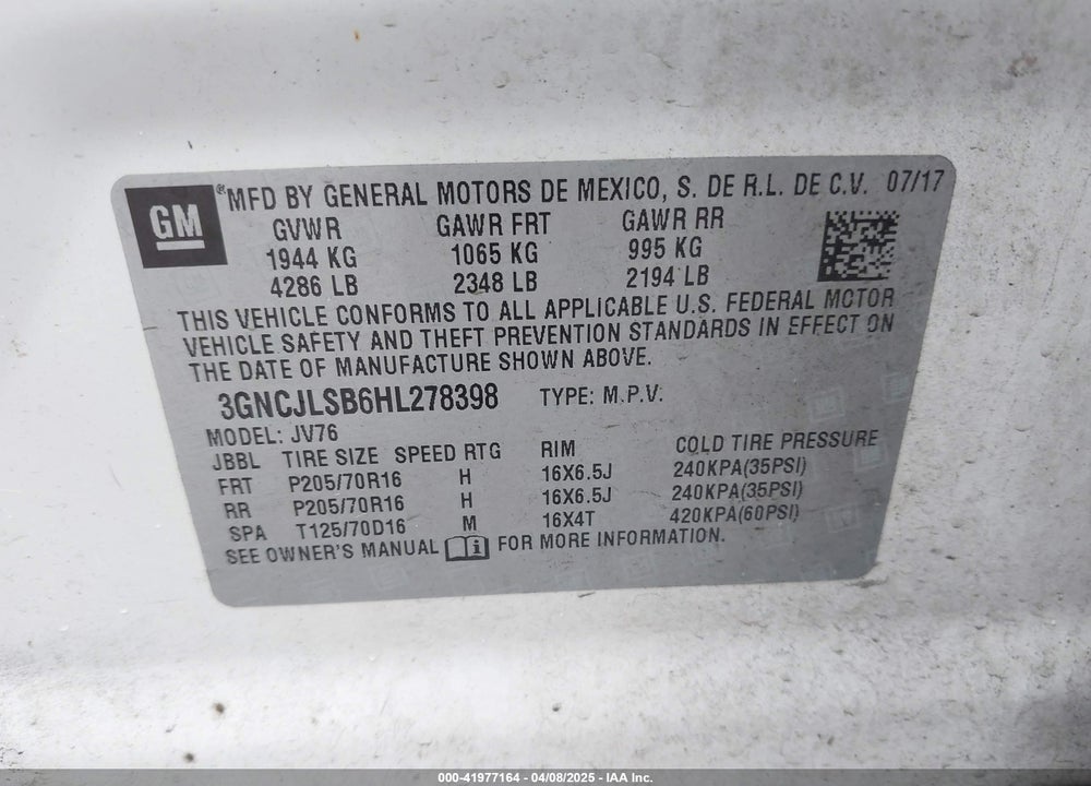2017 CHEVROLET TRAX LT VIN: 3GNCJLSB6HL278398
