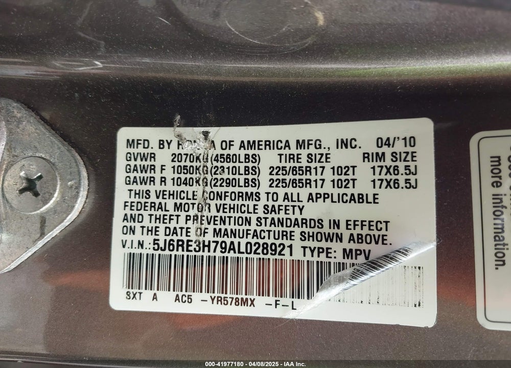 2010 HONDA CR-V VIN: 5J6RE3H79AL028921