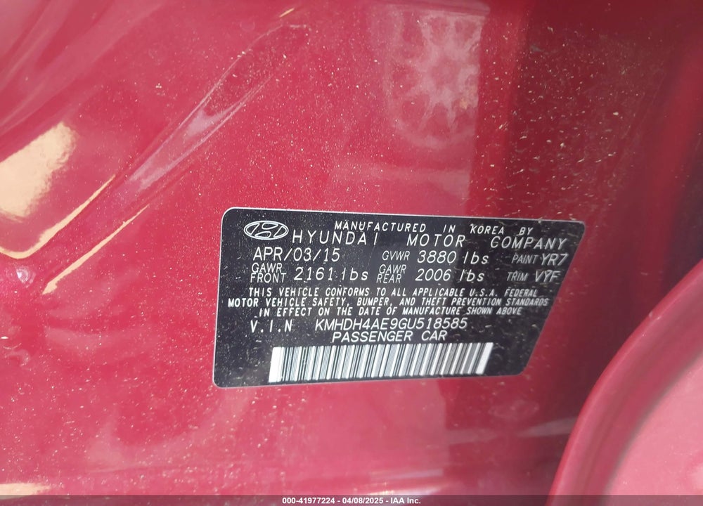 2016 HYUNDAI ELANTRA VIN: KMHDH4AE9GU518585