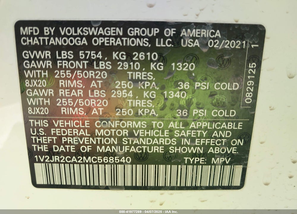 2021 VOLKSWAGEN ATLAS VIN: 1V2JR2CA2MC568540
