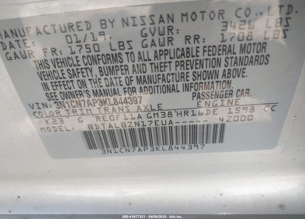 2019 NISSAN VERSA 1.6 SV VIN: 3N1CN7AP3KL844397