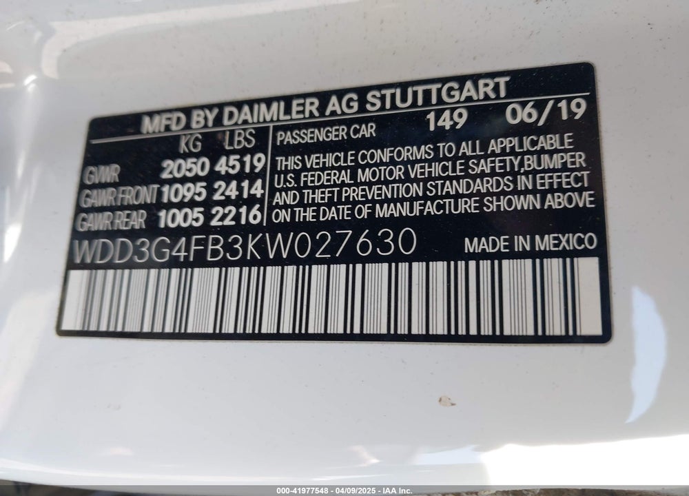 2019 MERCEDES-BENZ A 220 4MATIC VIN: WDD3G4FB3KW027630