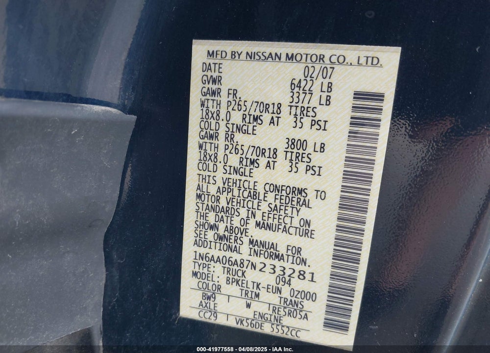 2007 NISSAN TITAN VIN: 1N6AA06A87N233281
