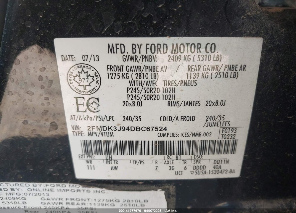 2013 FORD EDGE VIN: 2FMDK3J94DBC67524
