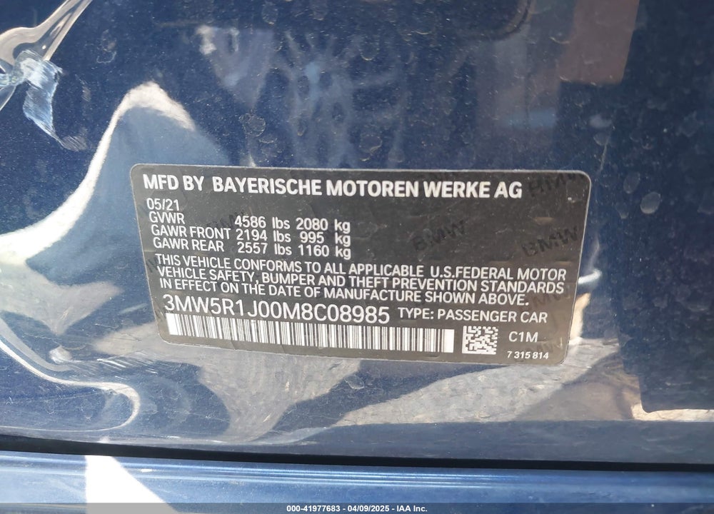 2021 BMW 330I VIN: 3MW5R1J00M8C08985