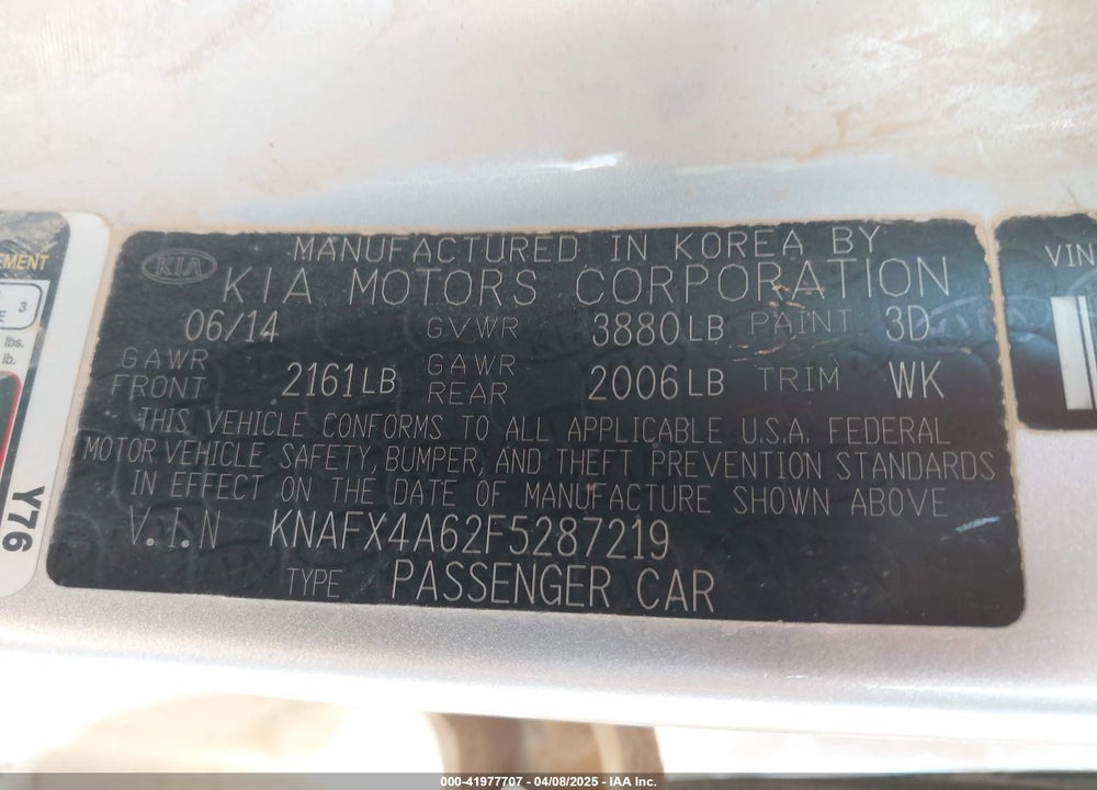 2015 KIA FORTE VIN: KNAFX4A62F5287219