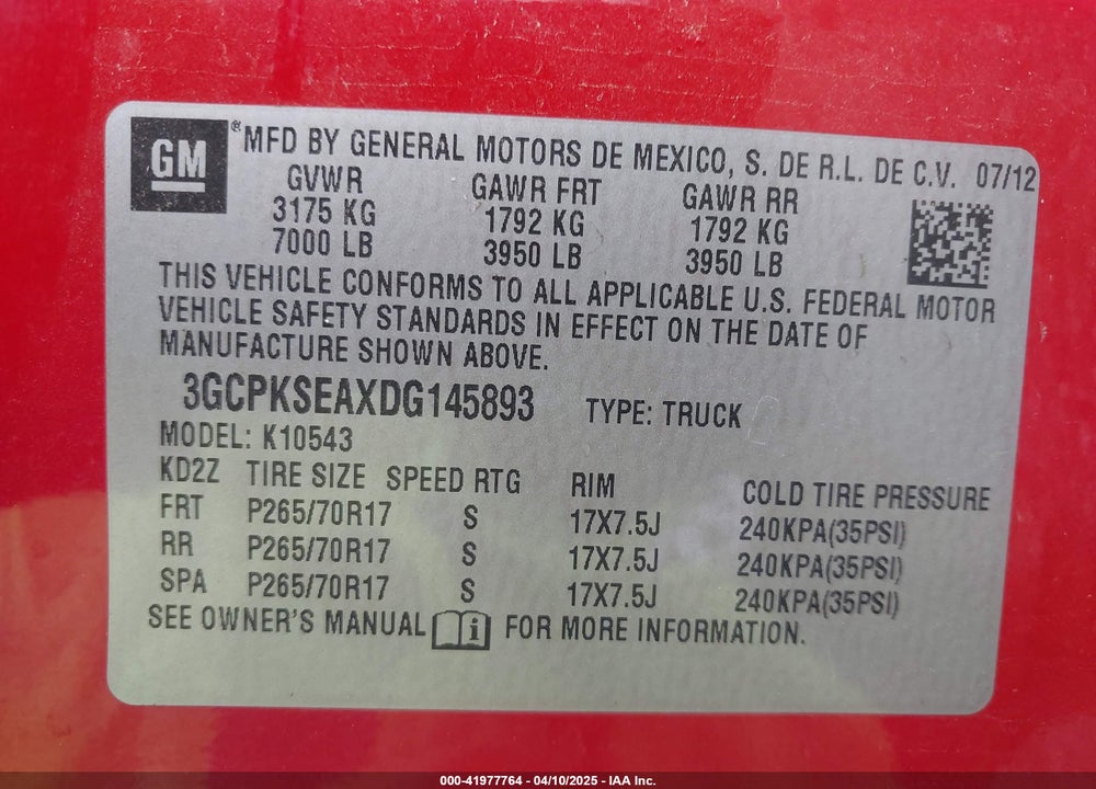 2013 CHEVROLET SILVERADO 1500 VIN: 3GCPKSEAXDG145893