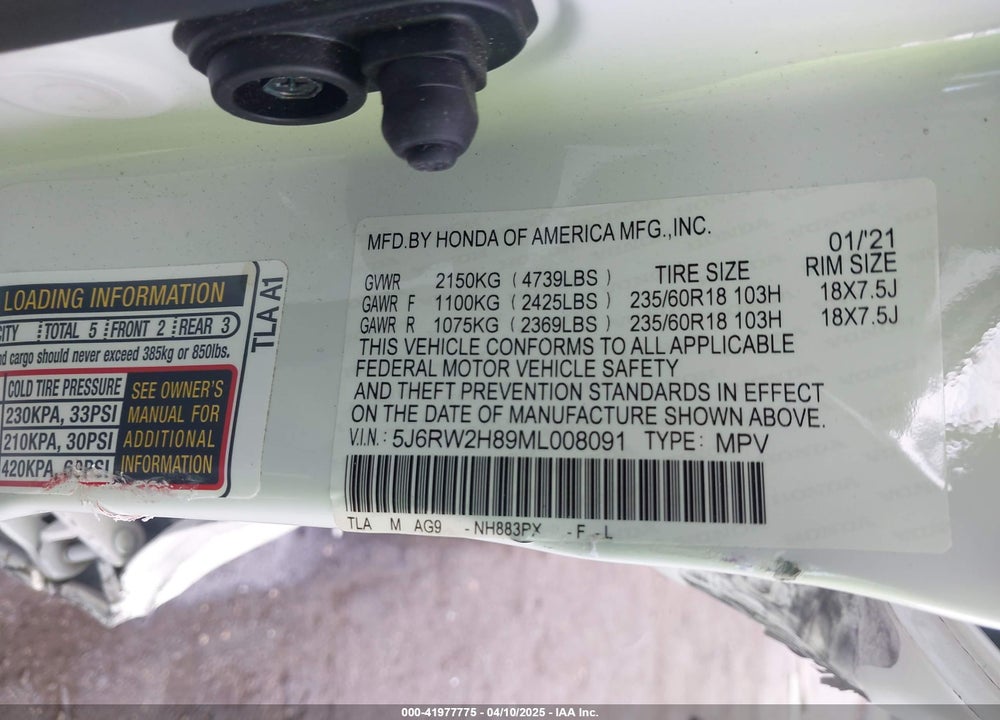 2021 HONDA CR-V VIN: 5J6RW2H89ML008091