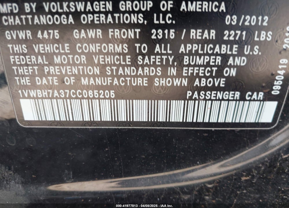 2012 VOLKSWAGEN PASSAT 2.5L SE VIN: 1VWBH7A37CC065205