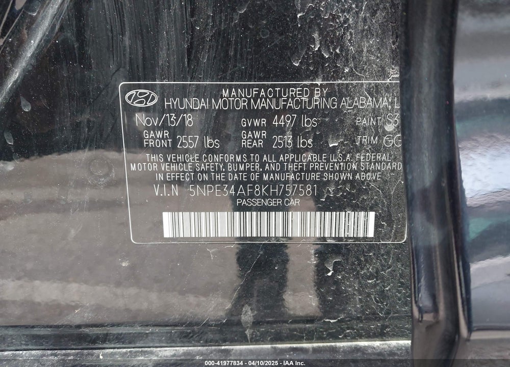 2019 HYUNDAI SONATA VIN: 5NPE34AF8KH757581