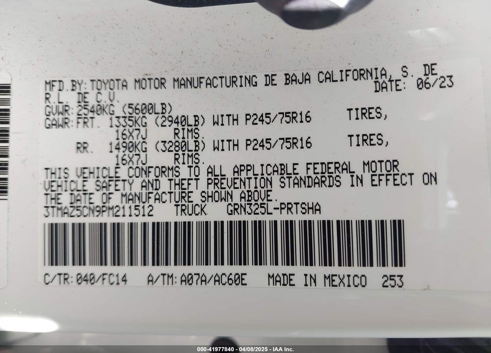 2023 TOYOTA TACOMA VIN: 3TMAZ5CN9PM211512