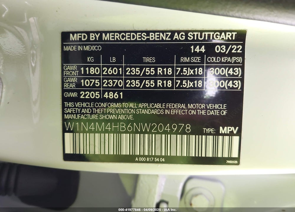 2022 MERCEDES-BENZ GLB-CLASS VIN: W1N4M4HB6NW204978