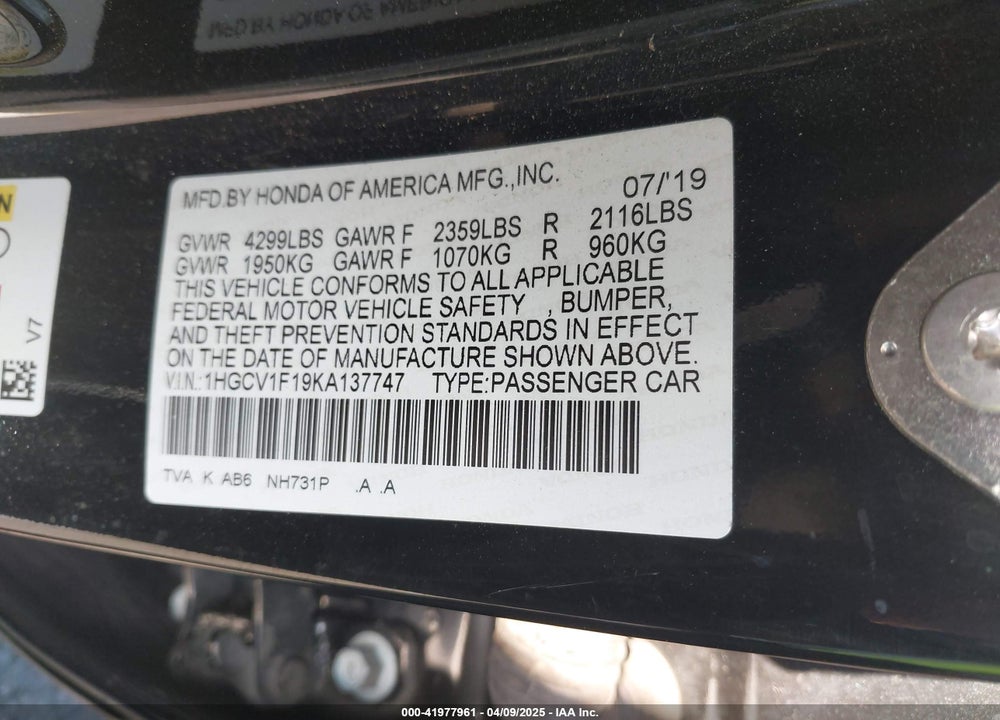 2019 HONDA ACCORD LX VIN: 1HGCV1F19KA137747