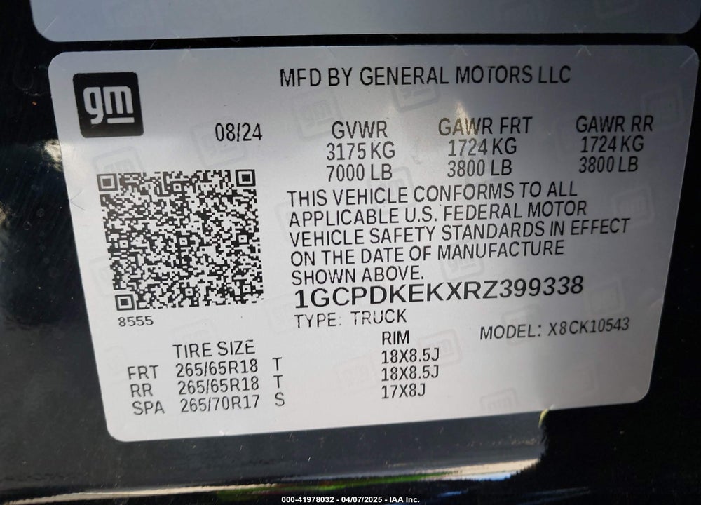 2024 CHEVROLET SILVERADO 1500 VIN: 1GCPDKEKXRZ399338