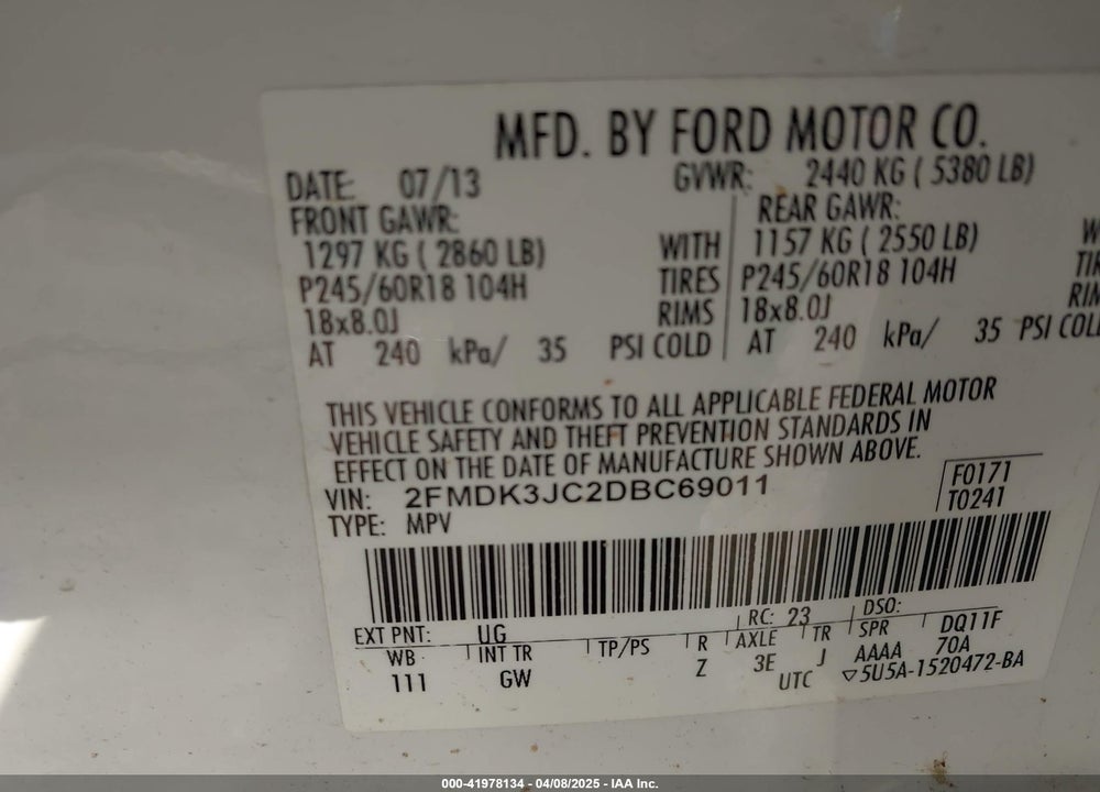 2013 FORD EDGE VIN: 2FMDK3JC2DBC69011