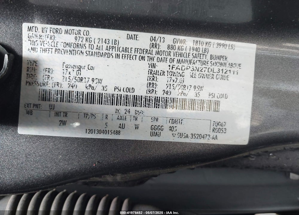 2013 FORD FOCUS VIN: 1FADP3N27DL312111