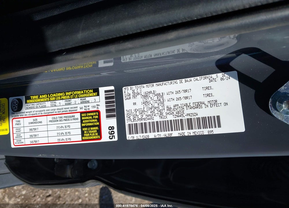 2024 TOYOTA TACOMA TRD OFF ROAD 4WD VIN: 3TMLB5JN5RM034492