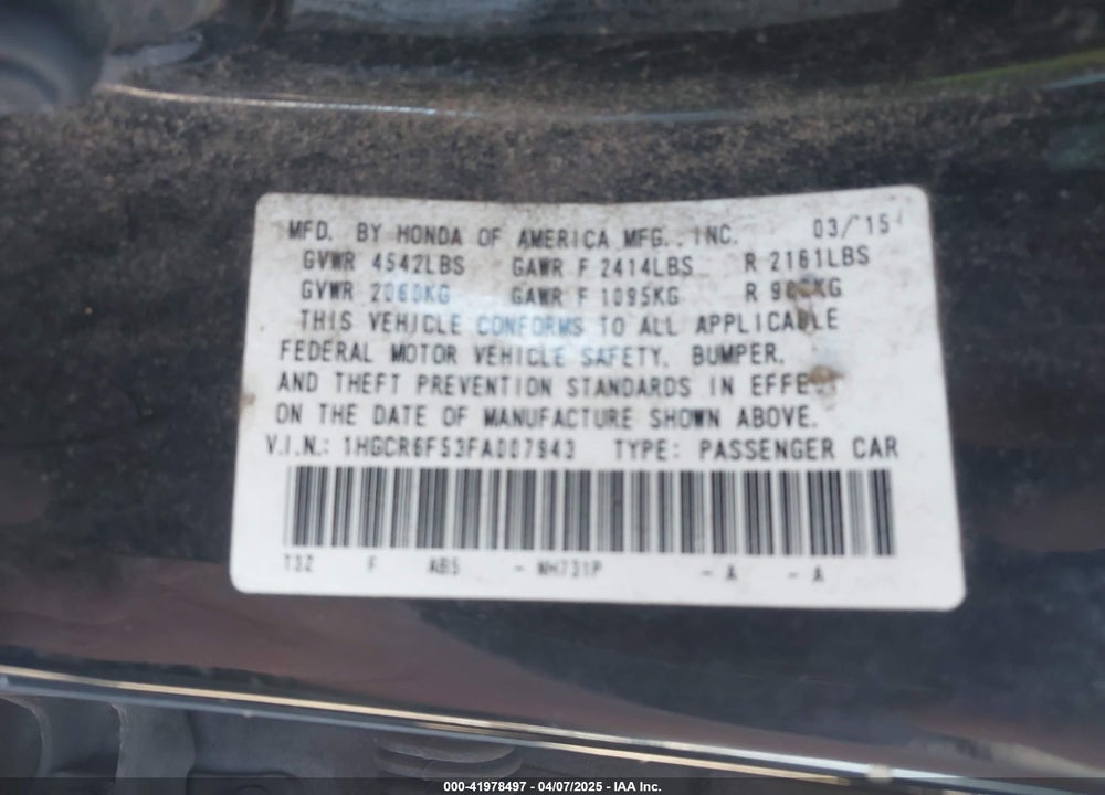 2015 HONDA ACCORD HYBRID VIN: 1HGCR6F53FA007943