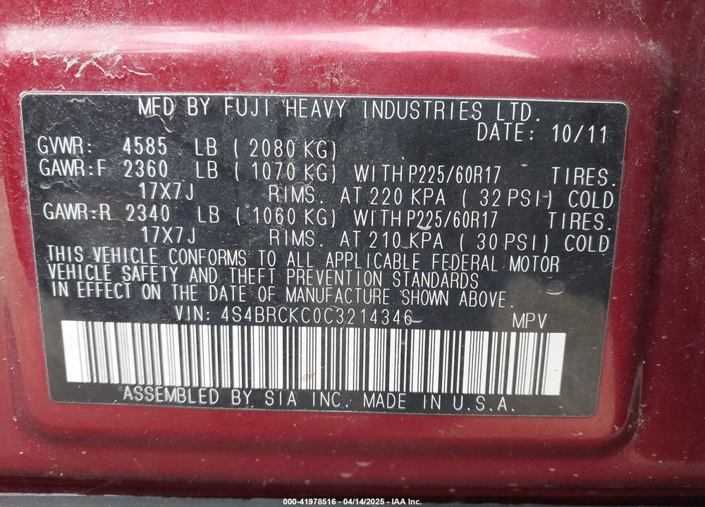 2012 SUBARU OUTBACK 2.5I LIMITED VIN: 4S4BRCKC0C3214346