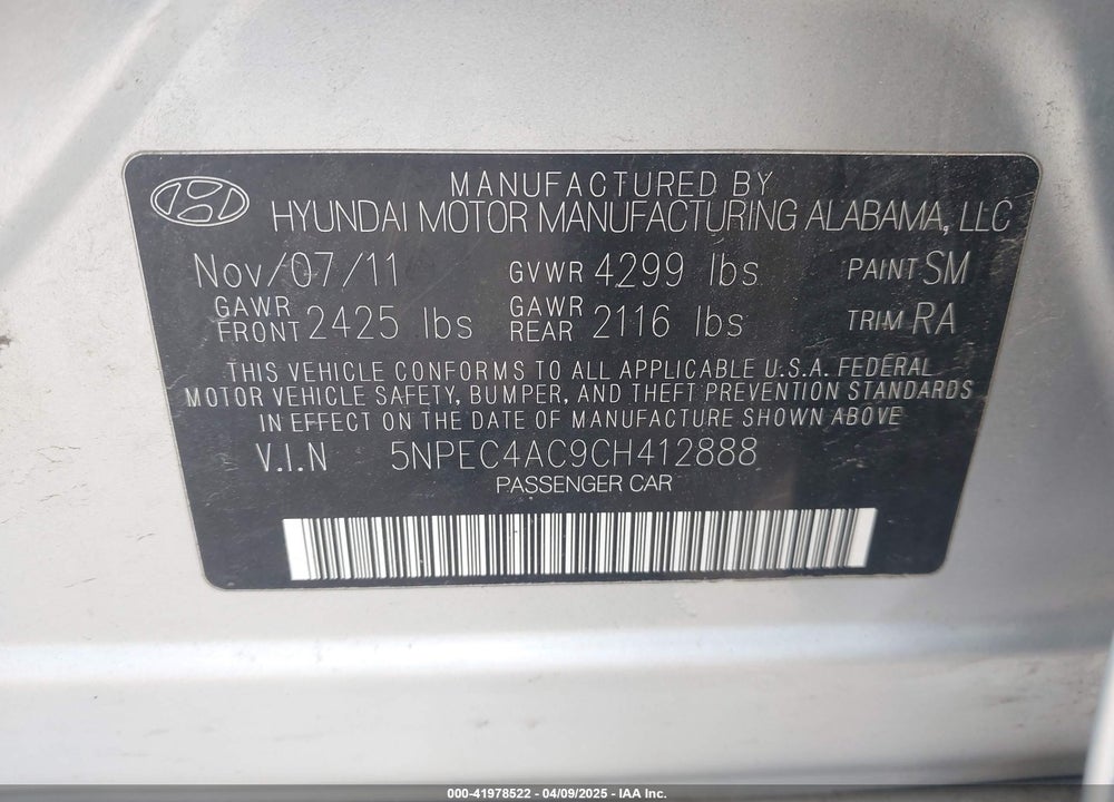 2012 HYUNDAI SONATA VIN: 5NPEC4AC9CH412888