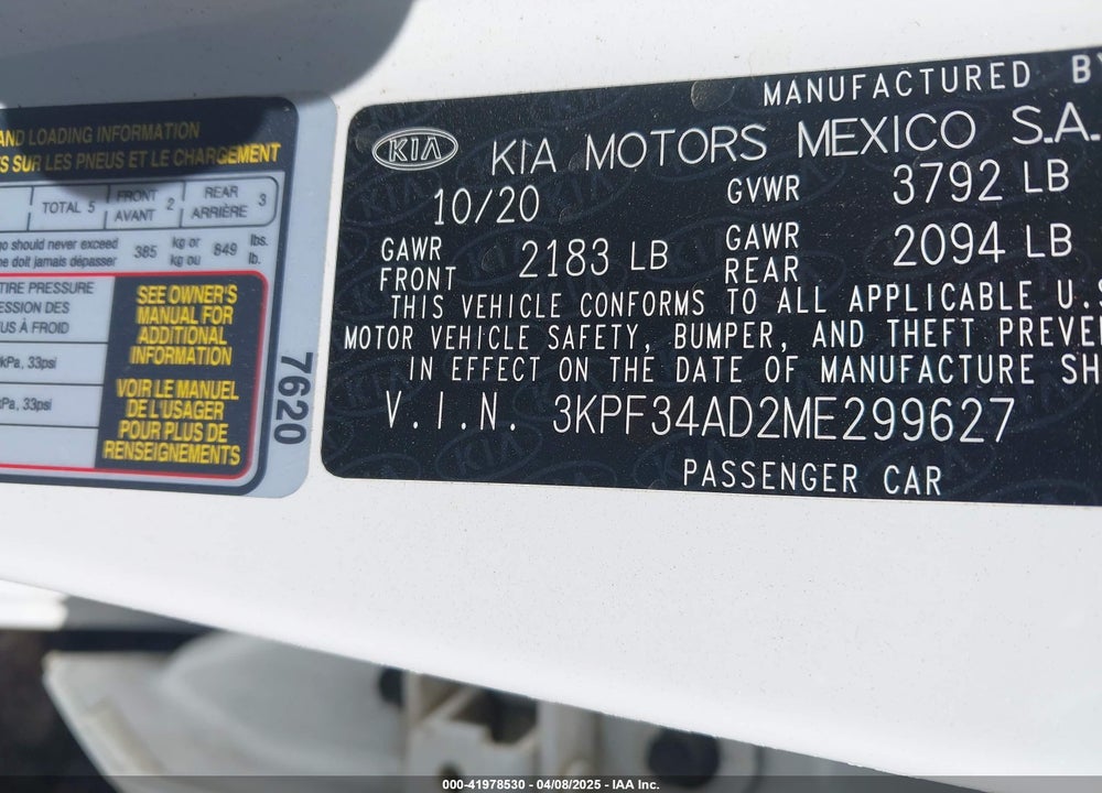 2021 KIA FORTE GT LINE VIN: 3KPF34AD2ME299627