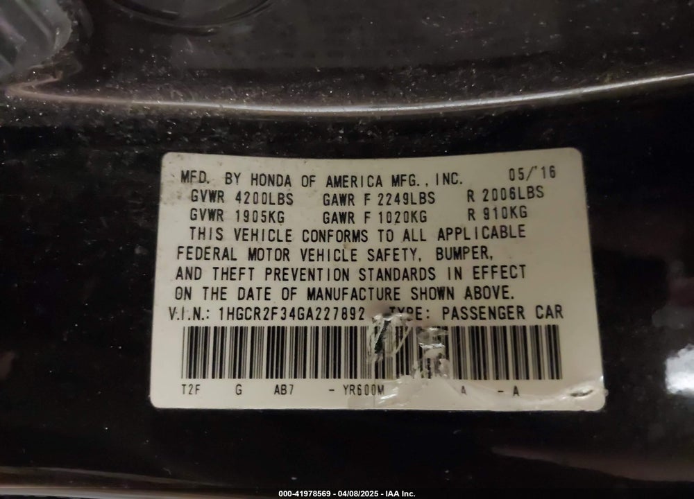 2016 HONDA ACCORD LX VIN: 1HGCR2F34GA227892