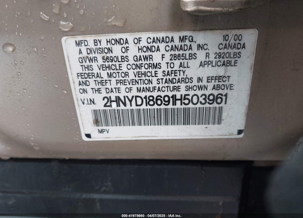 2001 ACURA MDX VIN: 2HNYD18691H503961