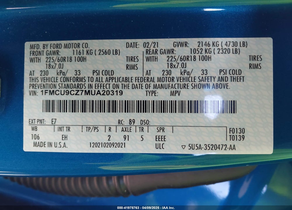 2021 FORD ESCAPE VIN: 1FMCU9CZ7MUA20319