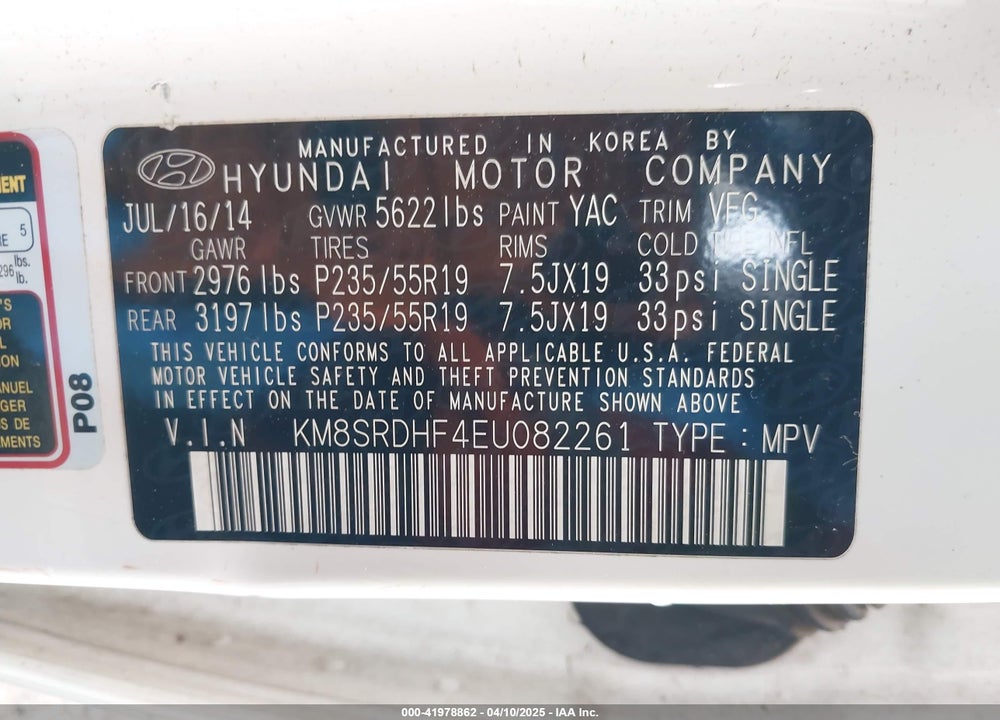 2014 HYUNDAI SANTA FE VIN: KM8SRDHF4EU082261