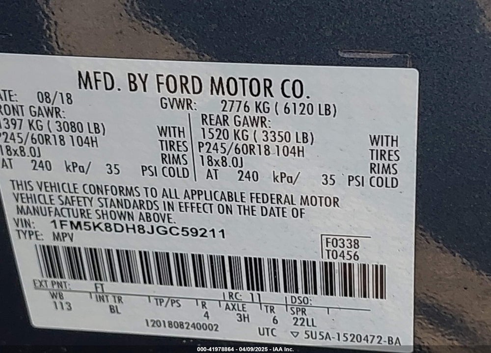 2018 FORD EXPLORER VIN: 1FM5K8DH8JGC59211