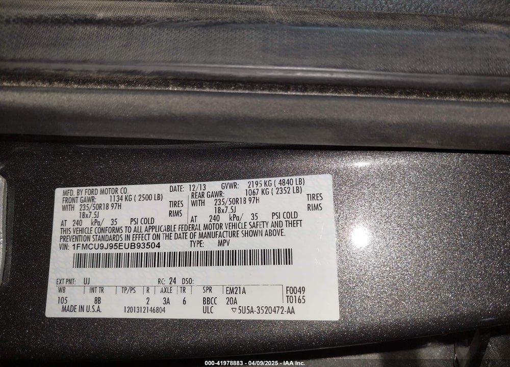 2014 FORD ESCAPE TITANIUM VIN: 1FMCU9J95EUB93504