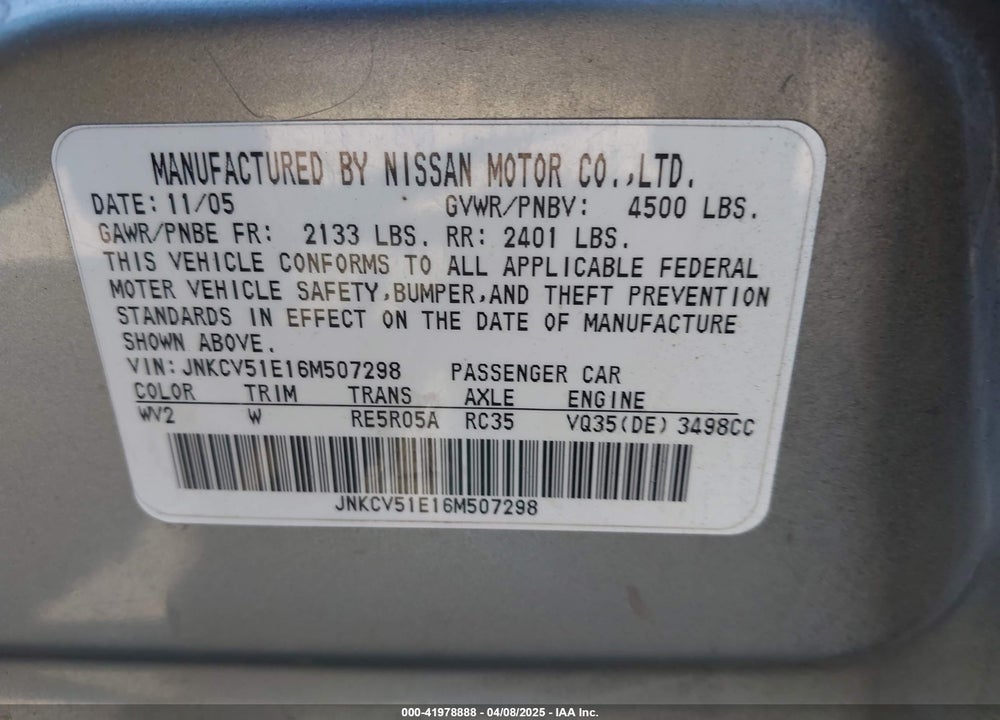 2006 INFINITI G35 VIN: JNKCV51E16M507298
