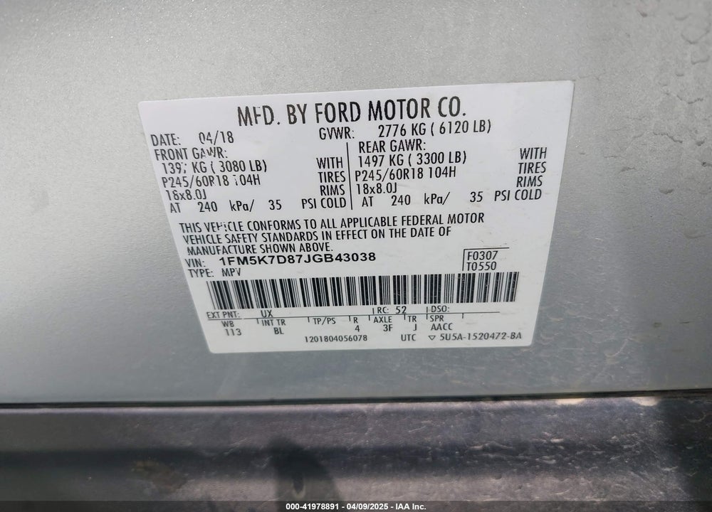 2018 FORD EXPLORER VIN: 1FM5K7D87JGB43038