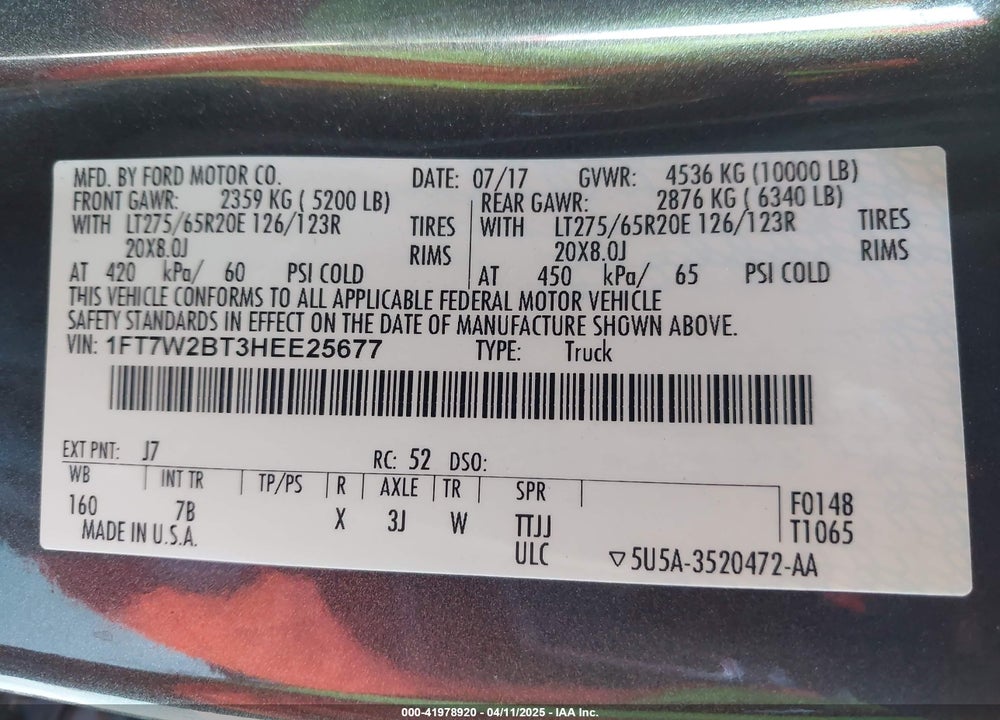 2017 FORD F-250 VIN: 1FT7W2BT3HEE25677