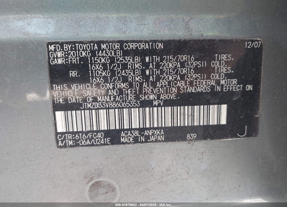 2008 TOYOTA RAV4 VIN: JTMZD33V886065353