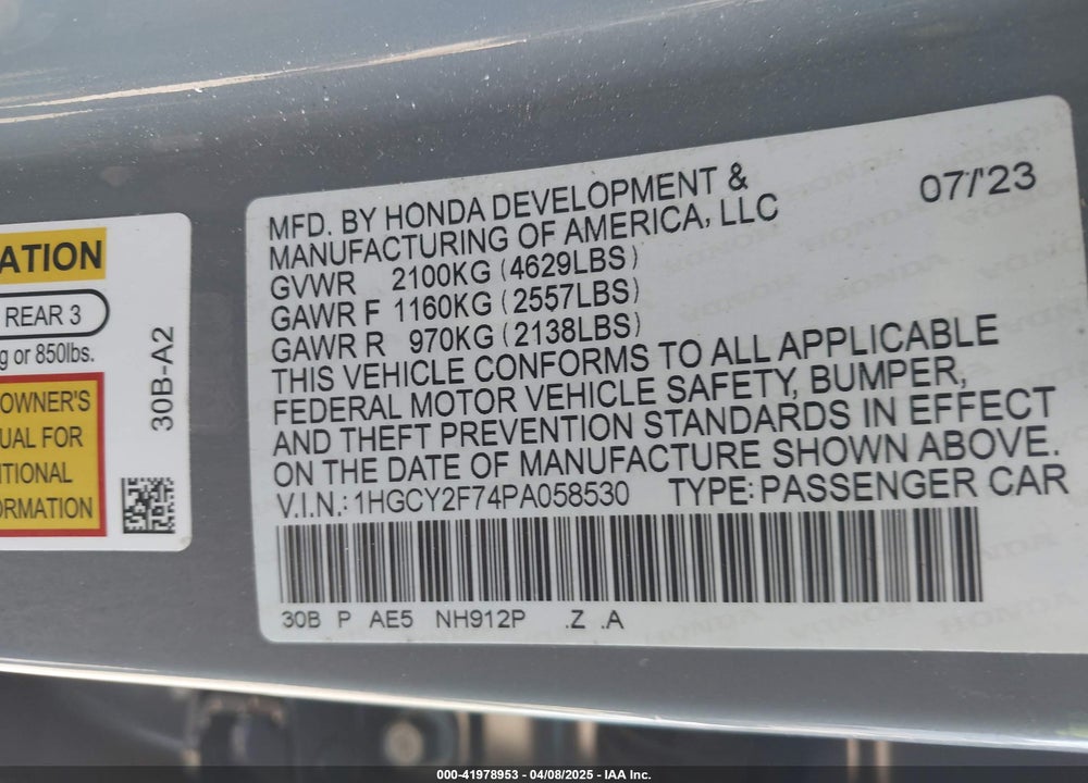 2023 HONDA ACCORD VIN: 1HGCY2F74PA058530