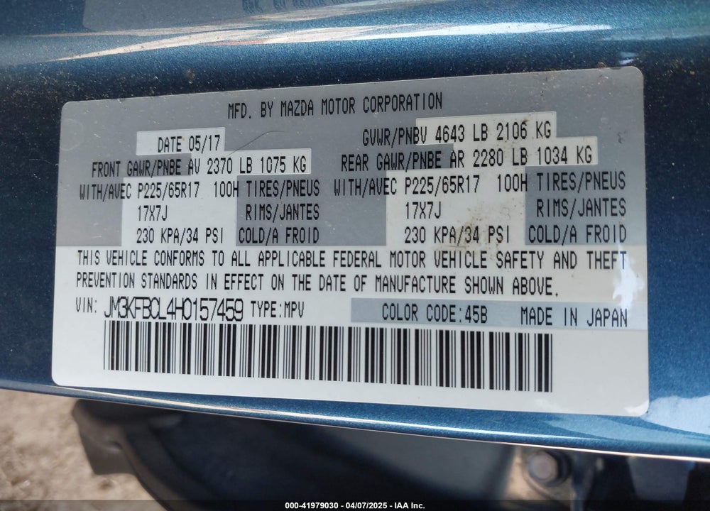 2017 MAZDA CX-5 TOURING VIN: JM3KFBCL4H0157459