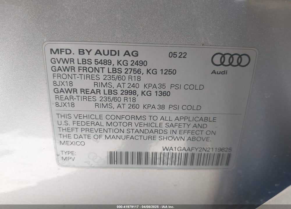 2022 AUDI Q5 PREMIUM 45 TFSI S LINE QUATTRO S TRONIC VIN: WA1GAAFY2N2119625