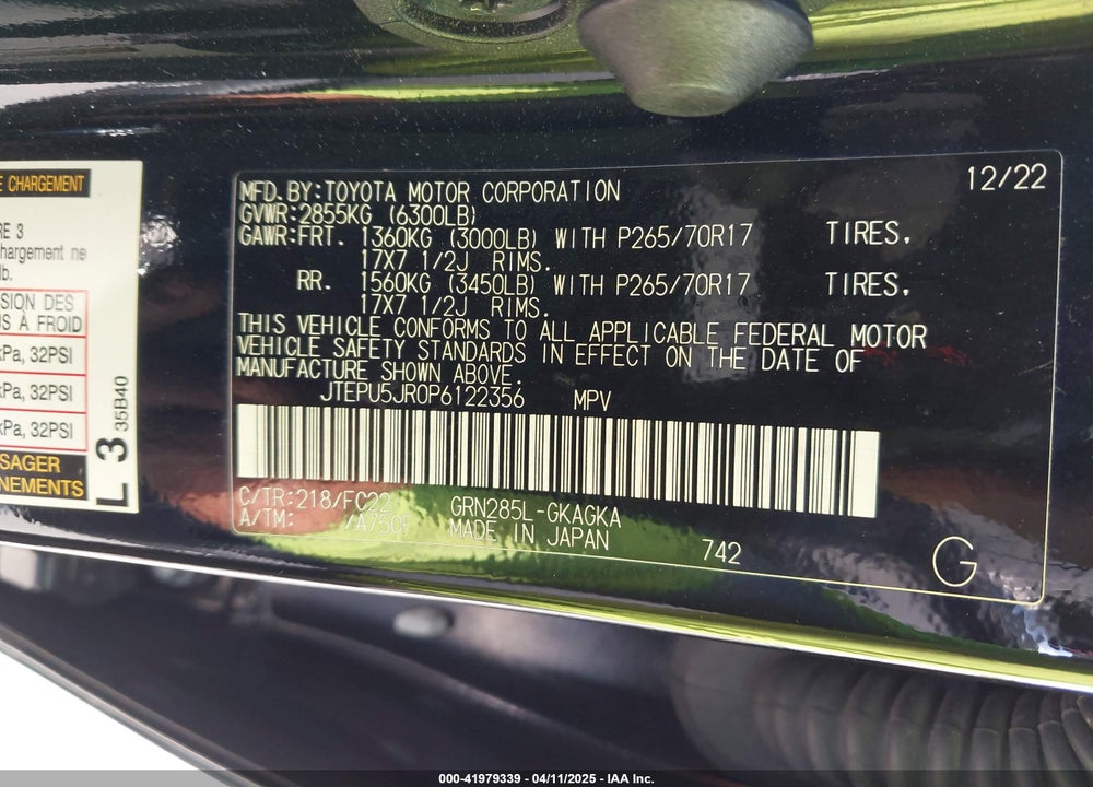 2023 TOYOTA 4RUNNER VIN: JTEPU5JR0P6122356