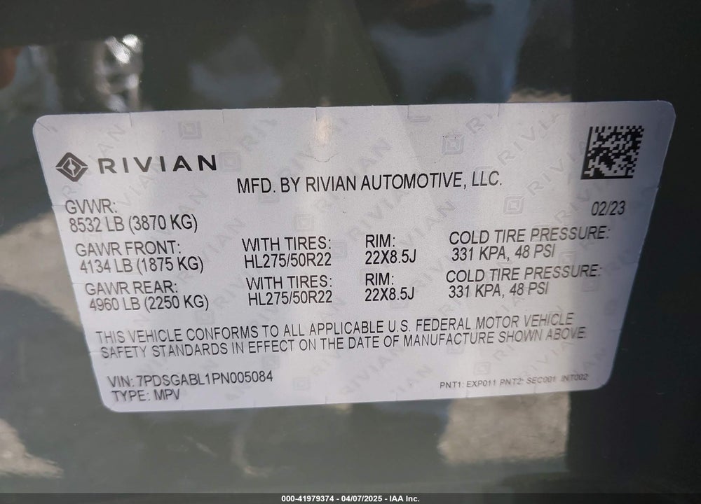 2023 RIVIAN R1S LAUNCH EDITION VIN: 7PDSGABL1PN005084