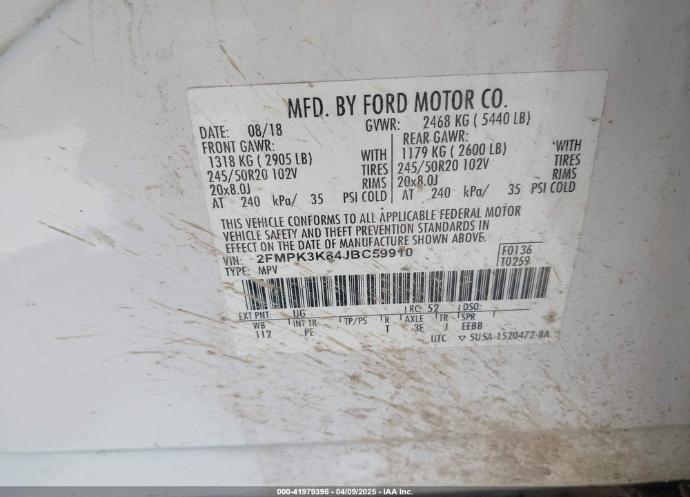 2018 FORD EDGE TITANIUM VIN: 2FMPK3K84JBC59910