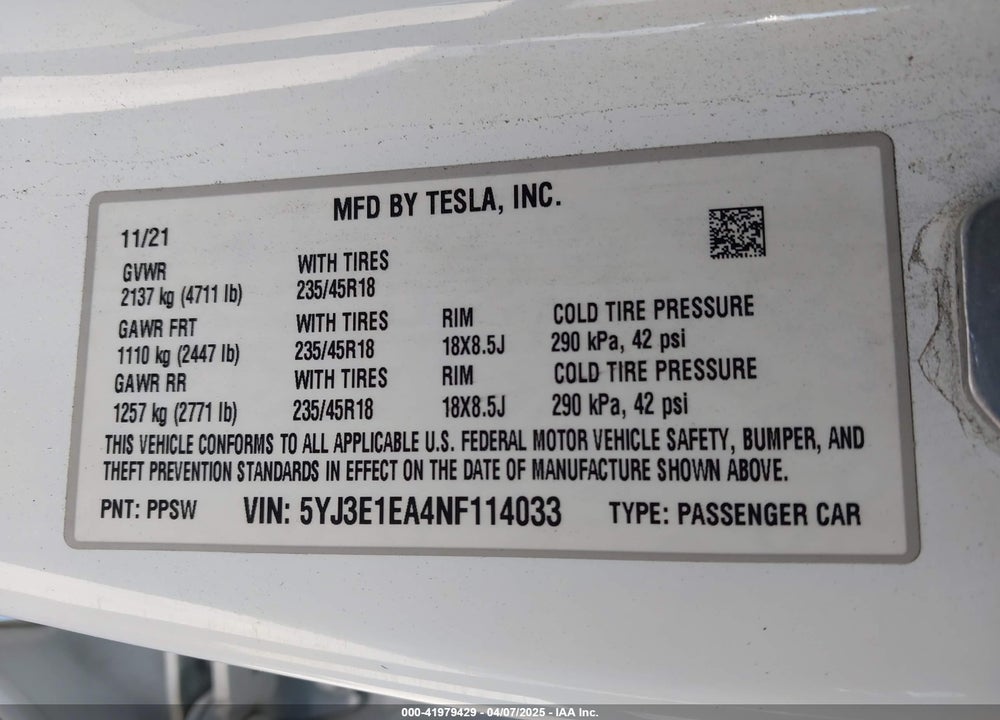 2022 TESLA MODEL 3 REAR-WHEEL DRIVE VIN: 5YJ3E1EA4NF114033
