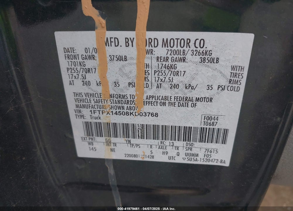 2008 FORD F-150 FX4/LARIAT/XL/XLT VIN: 1FTPX14508KD03768