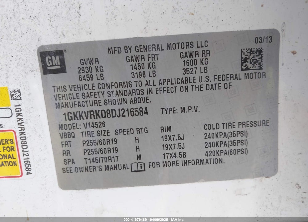 2013 GMC ACADIA VIN: 1GKKVRKD8DJ216584